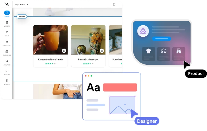 Online store editor interface showing website builder with product gallery and design tools