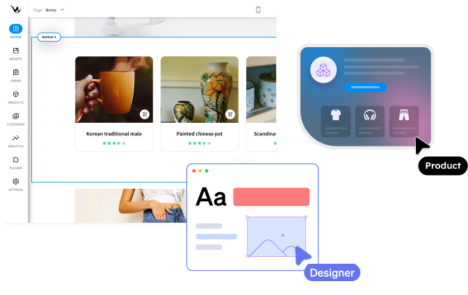 Online store editor interface showing website builder with product gallery and design tools